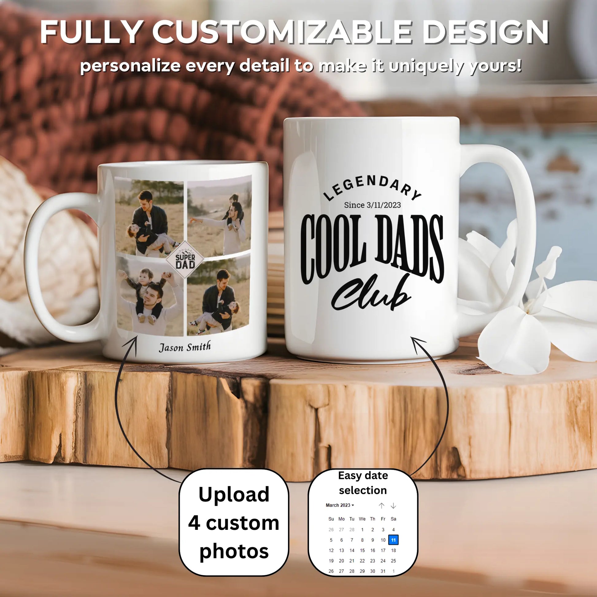 Cool Dad Club, Customizable Dad Mug - Personalized Father's Day Gift with 4 Photos & Name