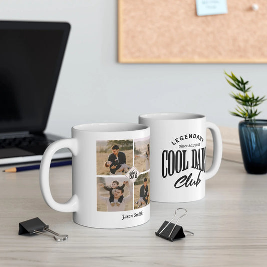 Cool Dad Club, Customizable Dad Mug - Personalized Father's Day Gift with 4 Photos & Name 11oz white ceramic mug