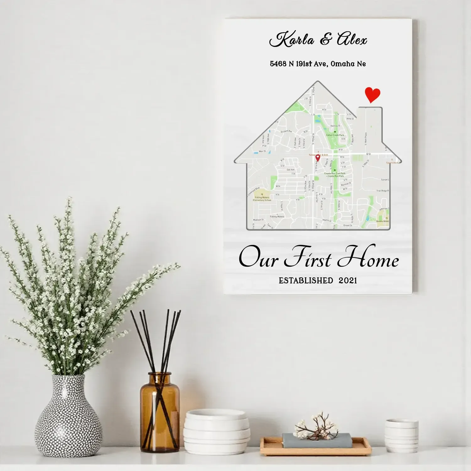 Custom First Home Canvas – Personalized House Map with Names & Est. Date