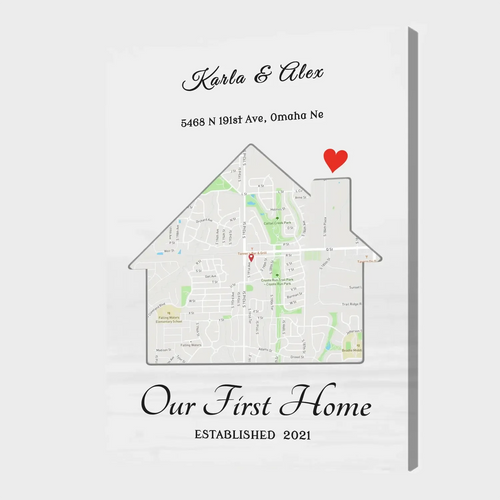Custom First Home Canvas – Personalized House Map with Names & Est. Date