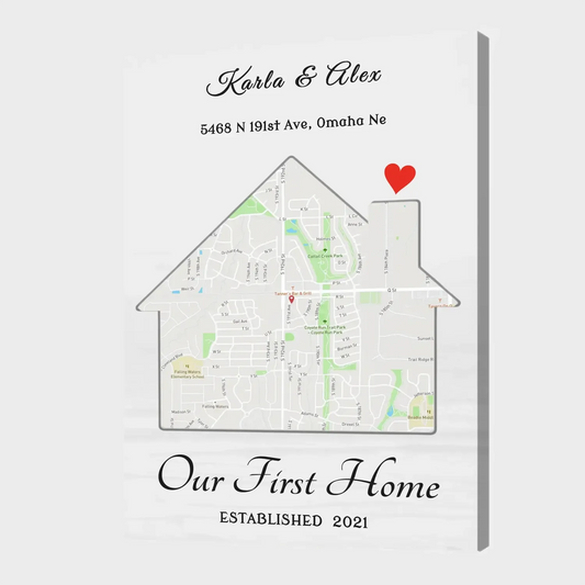 Custom First Home Canvas – Personalized House Map with Names & Est. Date