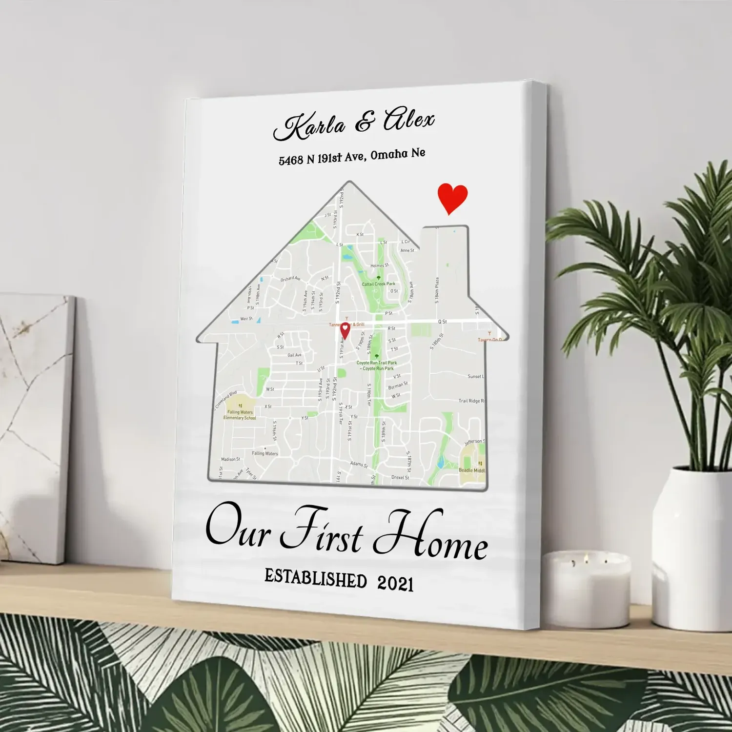 Custom First Home Canvas – Personalized House Map with Names & Est. Date