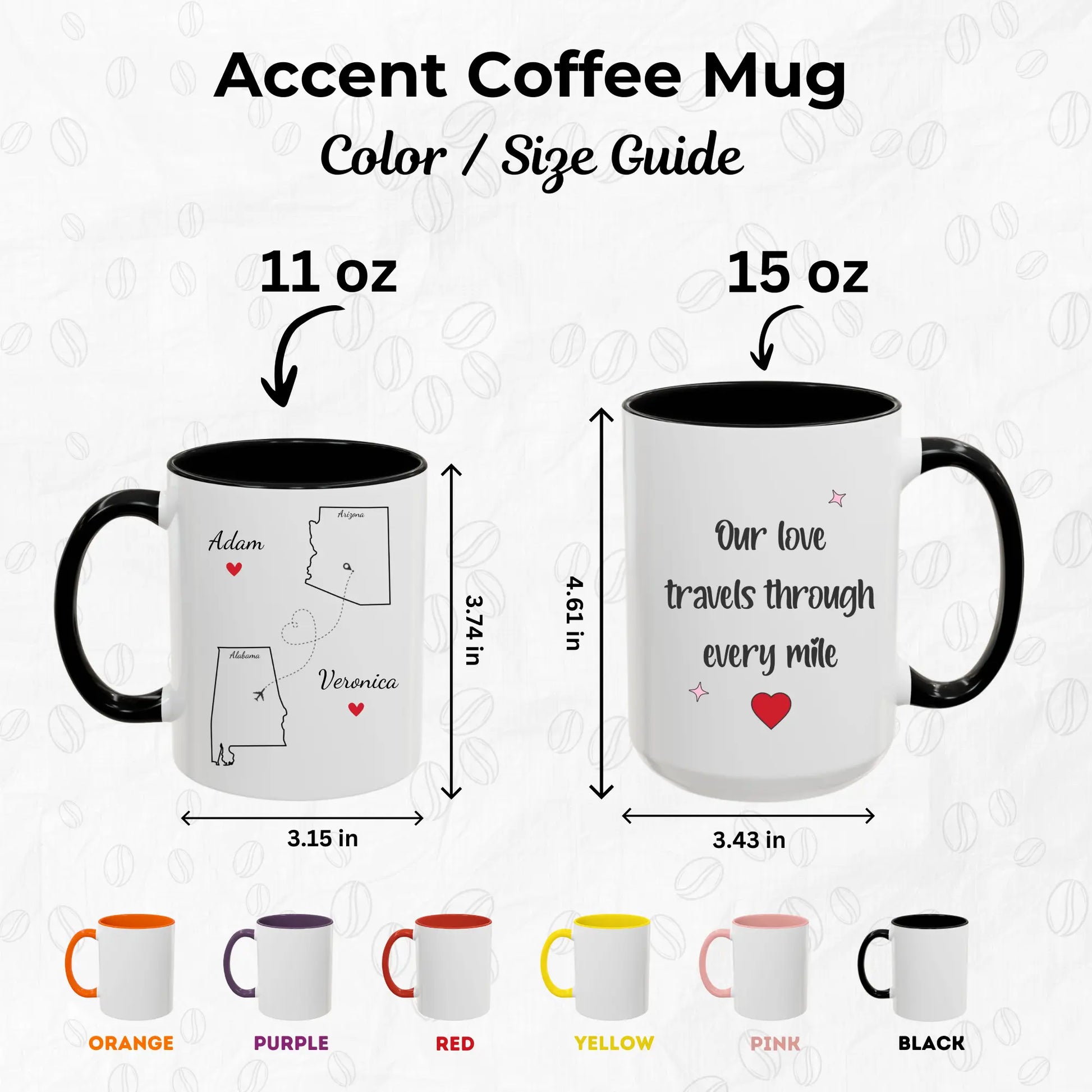 Love Across the Map Custom Accent Coffee Mug - Color and size guide