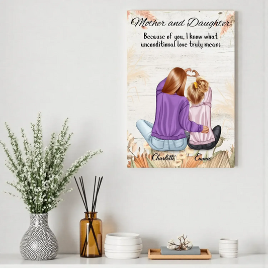 Personalized Mother and Child Canvas Wall Art - Custom Names, Hairstyles, Skin Tones & Backgrounds