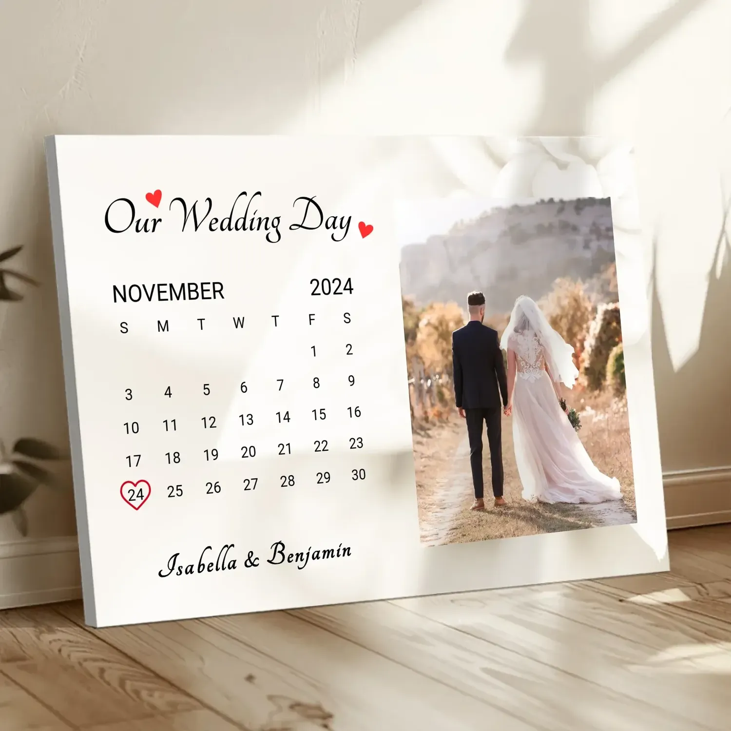 Personalized Wedding Day Calendar Canvas - Custom Photo Art with Date, Names & Background Options