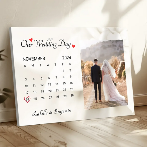 Personalized Wedding Day Calendar Canvas - Custom Photo Art with Date, Names & Background Options