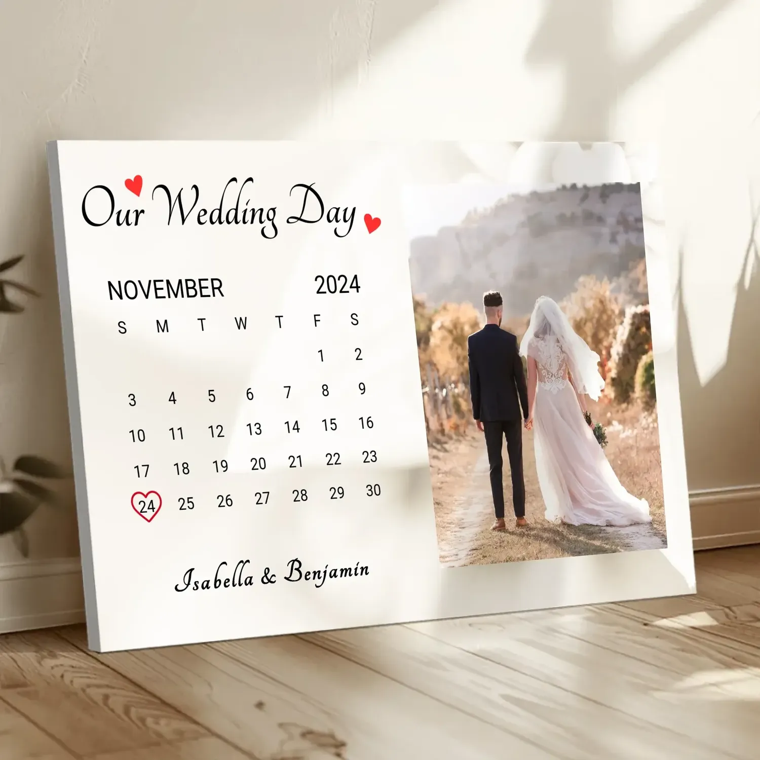 Personalized Wedding Day Calendar Canvas - Custom Photo Art with Date, Names & Background Options