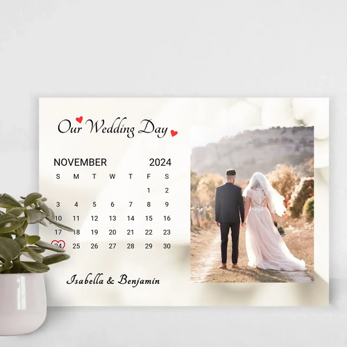 Personalized Wedding Day Calendar Canvas - Custom Photo Art with Date, Names & Background Options