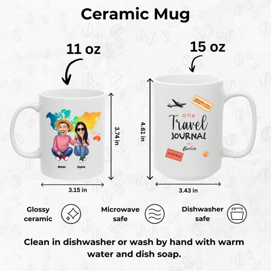 Travel Journal Custom Coffee Mug -  Size Chart and product details